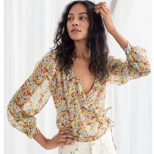 Anthropology & Other Stories Sheer Floral Wrap Long Sleeve Top Blouse